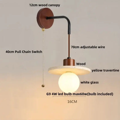 Rustic white concrete and wood wall light fixture with 12cm wood canopy, adjustable black arm, yellow travertine disc, and white globe