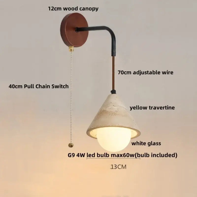 Rustic white concrete and wood wall light fixture with yellow travertine shade and black adjustable wire arm bedroom sconce