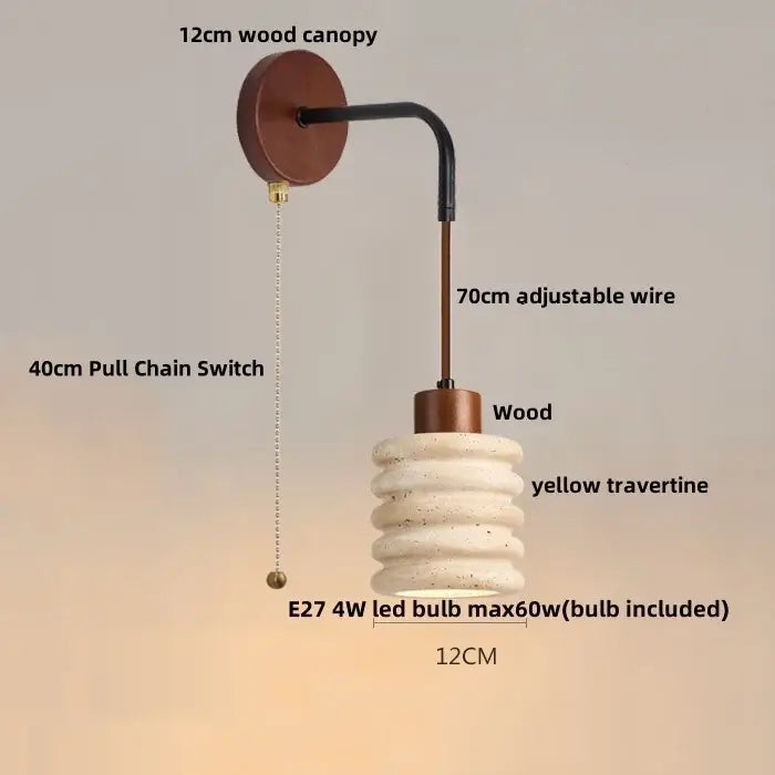 Rustic white concrete and wood wall light fixture with 12cm wood canopy and yellow travertine shade for bedroom use