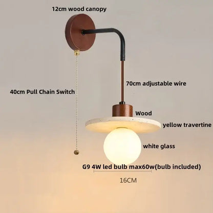 Rustic white concrete and wood wall light fixture with a 12cm wood canopy and yellow travertine shade for bedroom use