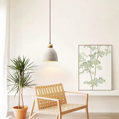 Rustic gray woven concrete cement pendant light with wooden top and brown cord for dining room decorbites concrete cement pendant