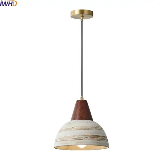 Rustic white and wood ceramic pendant light with warm brass mount and black cord ideal for kitchen decorbites ceramic wood led