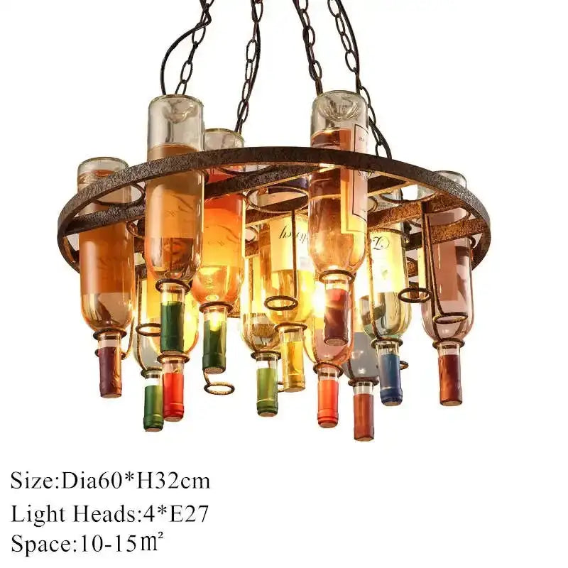 Rustic wine bottle iron led pendant chandelier with colorful repurposed bottles and dark metal chains for kitchen bar decorbites iron led