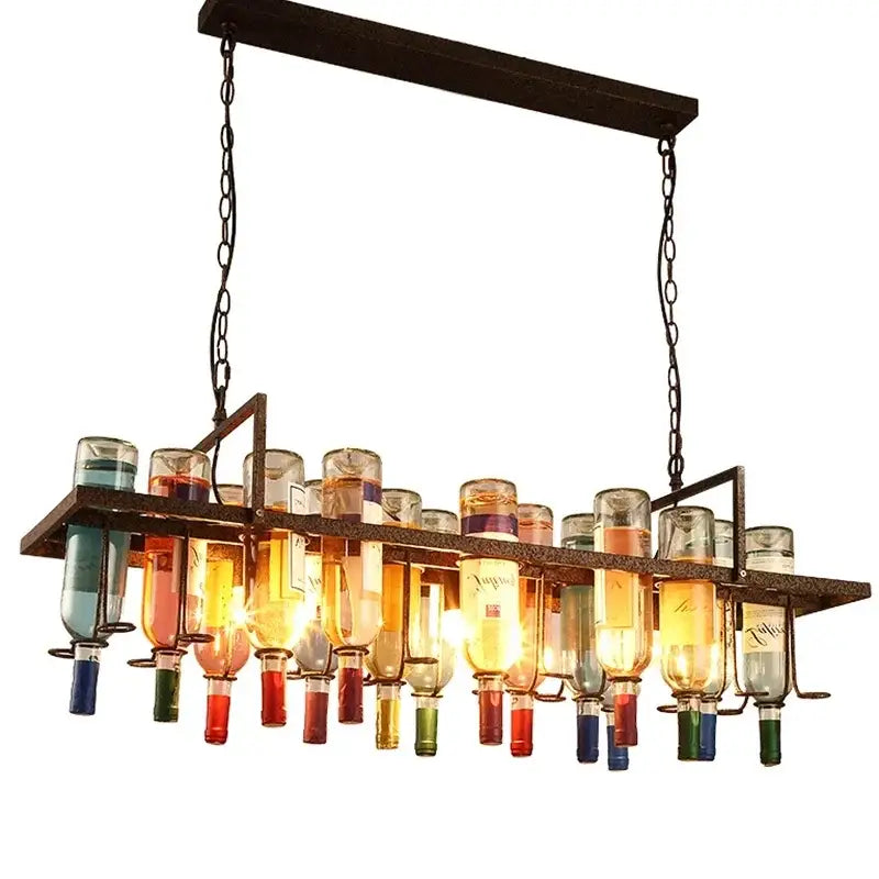 Rustic wine bottle iron led pendant chandelier with colorful glass bottles in dark metal for kitchen bar decorbites iron led