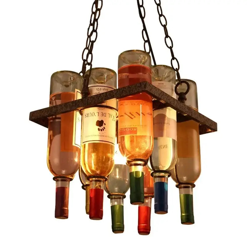 Rustic wine bottle iron led pendant chandelier with colorful liquid and labels suspended by chains for kitchen bar decorbites iron led