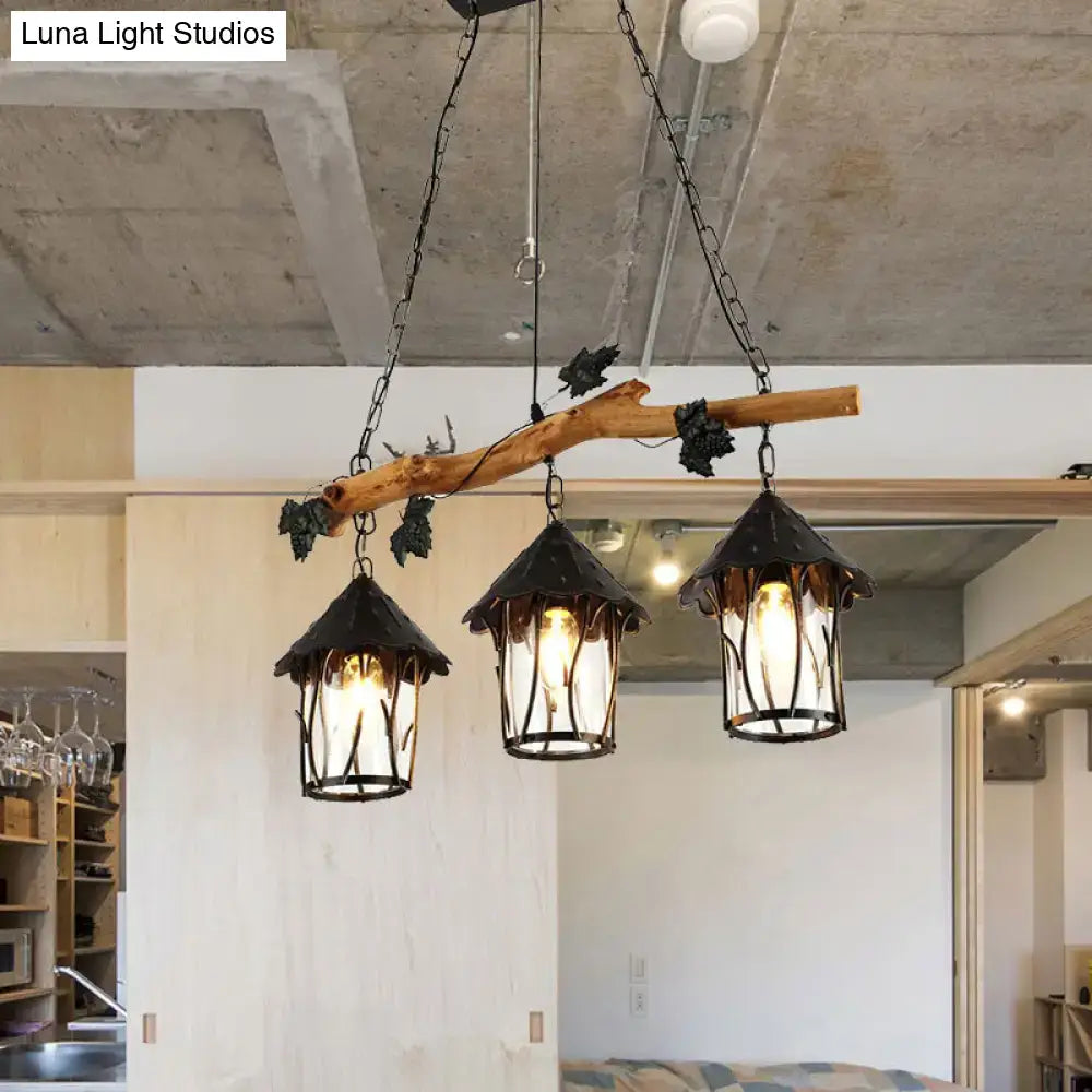 Rustic wooden branch chandelier with three black metal lanterns and leaf accents decorative e26 e27 light fixture ceiling light