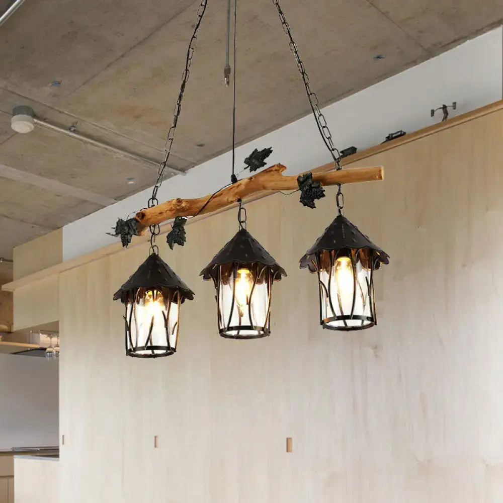 Rustic wooden branch chandelier with three black wrought iron lanterns e26 e27 light fixture for ceiling use
