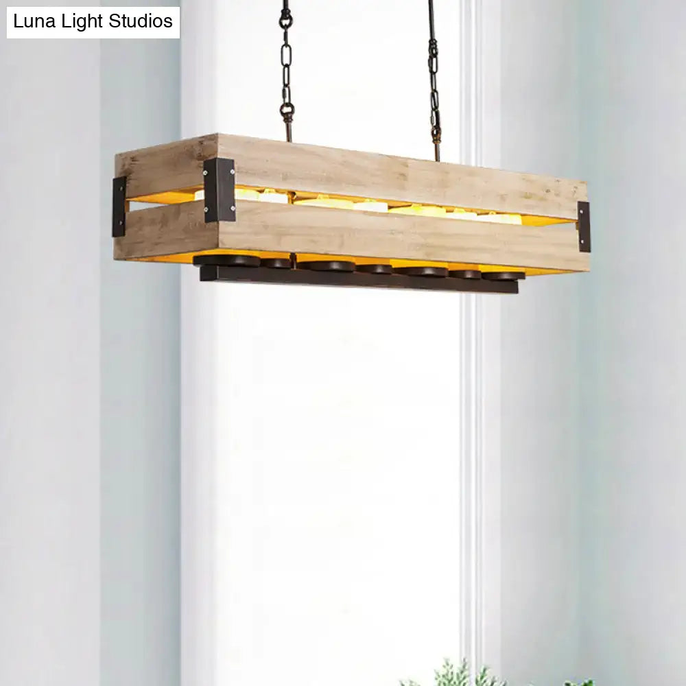 Decorbites rustic rectangular wood island pendant with black metal accents and chains dining room hanging lamp in brown