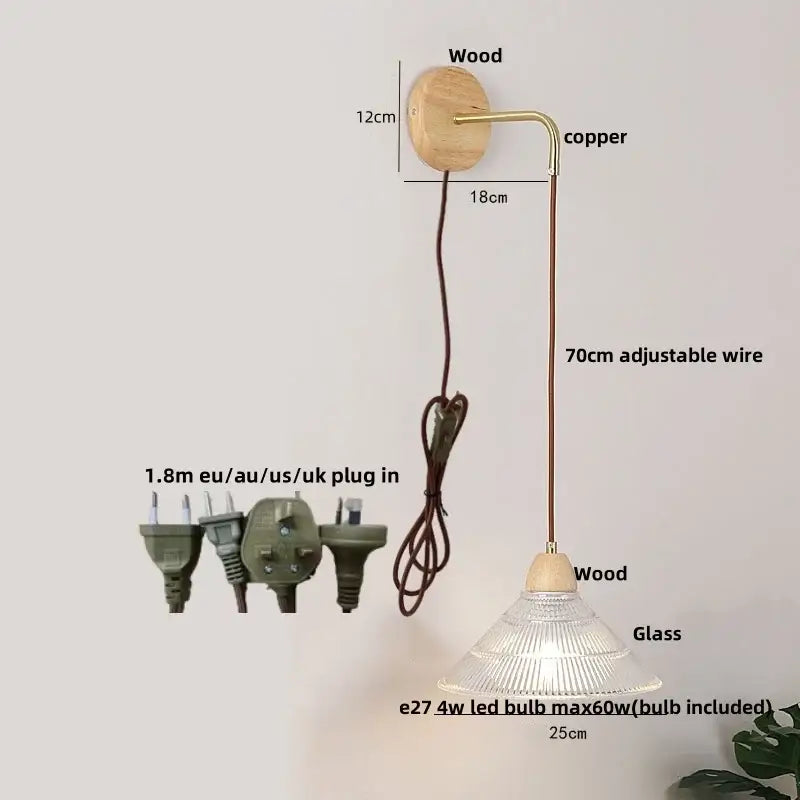Rustic wood and brass wall light with natural wood base, copper arm, clear glass shade, and pull chain switch