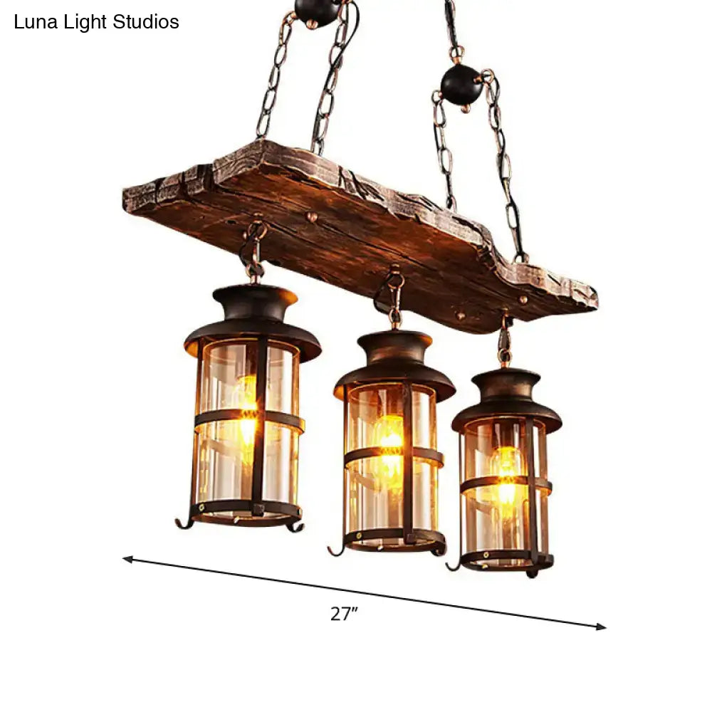 Decorbites rustic wooden pendant light with three clear glass island lanterns in farmhouse brown metal frames