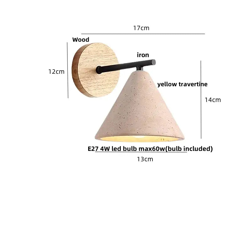 Conical yellow travertine wall light with wood backplate and iron arm from decorbites canopy led wall collection