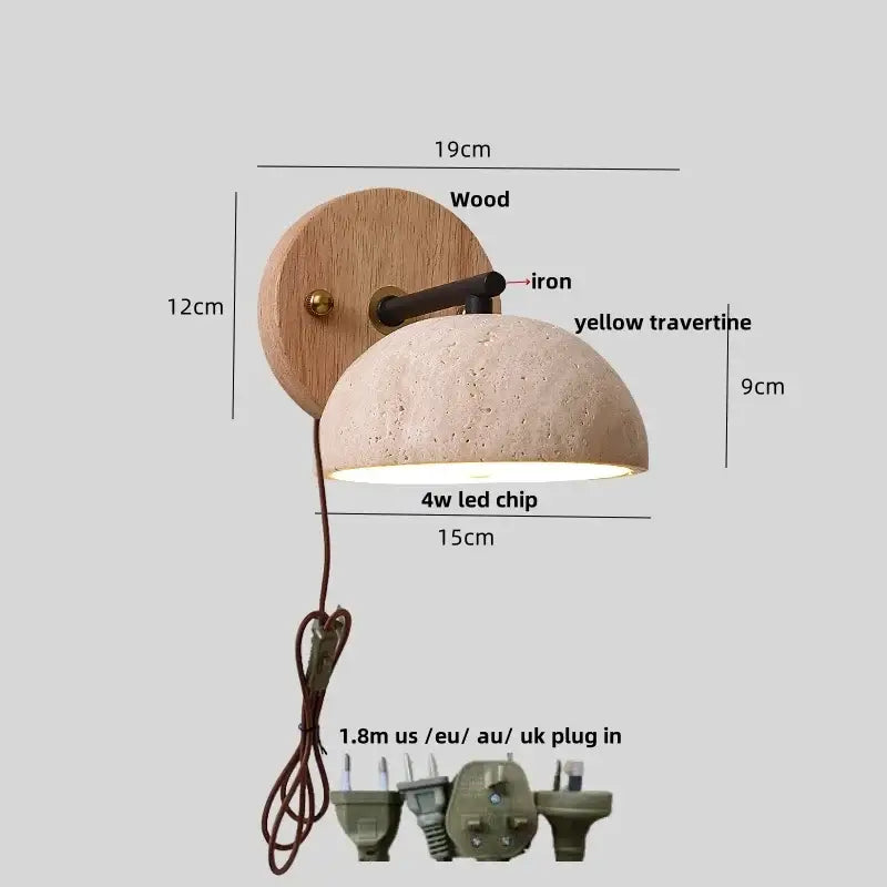 Rustic wood and concrete canopy led wall light with round wooden backplate and yellow travertine shade for bedroom decorbites canopy led