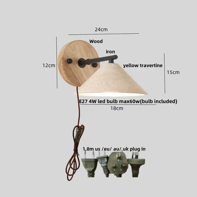 Rustic wood and concrete canopy led wall light with round wood backplate black iron arm and yellow travertine shade