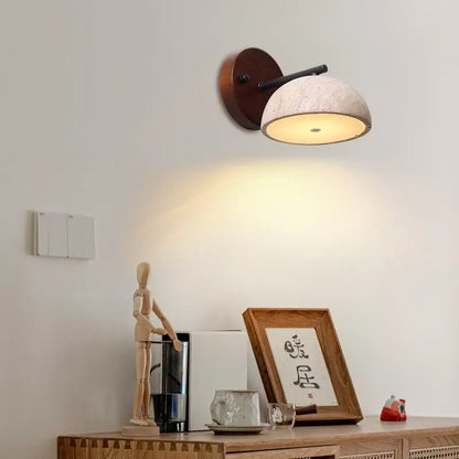 Rustic wood and concrete canopy led wall light with warm-toned dome shape and dark wood mounting plate for bedroom decorbites canopy led