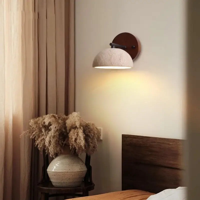 Rustic wood and concrete canopy led wall light with warm-toned textured dome and dark wood backplate for bedroom decorbites canopy led