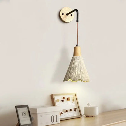Rustic wood and gray cement led wall light with wooden base black metal arm and beige woven conical shade for bedroom decorbites led wall