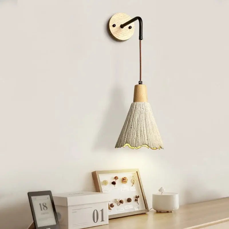 Rustic wood and gray cement led wall light with wooden base black metal arm and beige woven conical shade for bedroom decorbites led wall