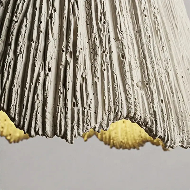 Rustic wood and gray cement led wall light with textured white concrete lampshade and scalloped golden yellow trim decorbites led wall