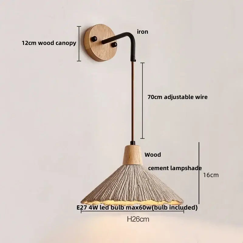 Rustic wood and gray wall light fixture with wooden canopy, adjustable iron arm, and conical cement lampshade for bedroom use