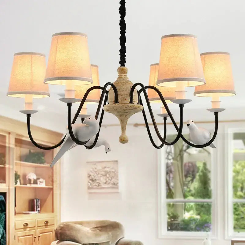 Rustic wood and iron decorbites bird lamp chandelier with six warm fabric shades and white ceramic doves for dining room