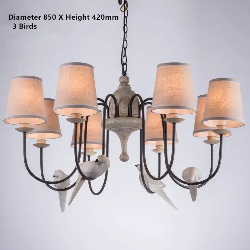 Antique white and black wrought iron decorbites bird lamp chandelier with six fabric shades and three sculpted birds
