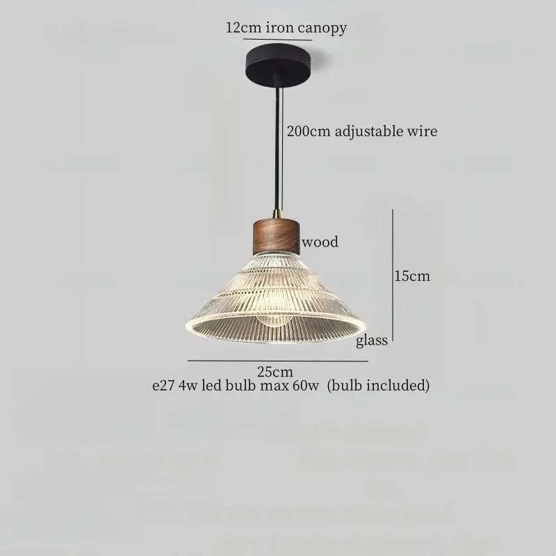 Rustic wood and ribbed glass led pendant light with black iron canopy and adjustable wire for dining room lighting