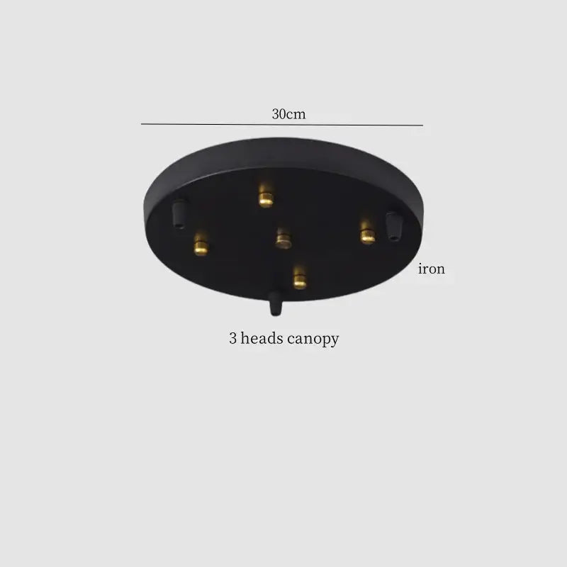 Black iron 3-head ceiling canopy with 30cm diameter for rustic wood and ribbed glass led pendant light dining room installation