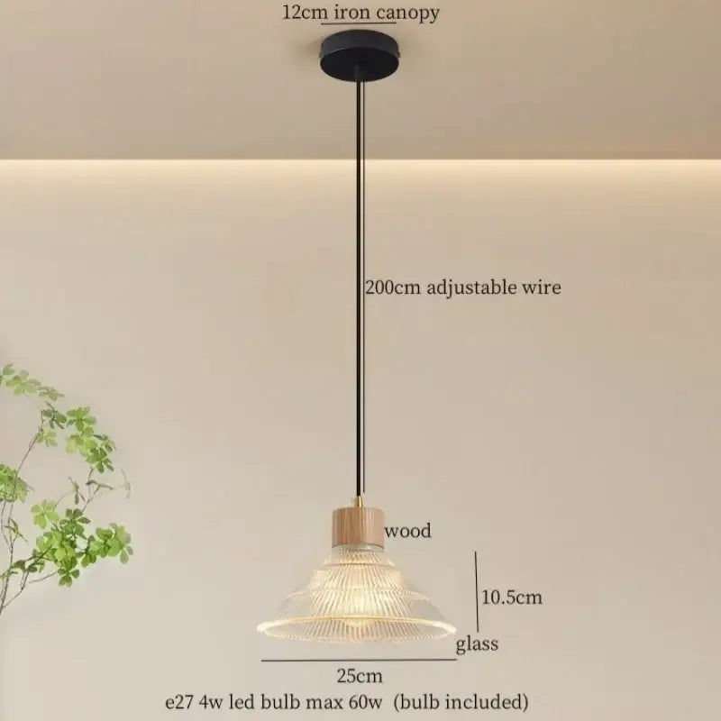 Rustic wood and ribbed glass led pendant light with black iron canopy and clear textured glass shade for dining room