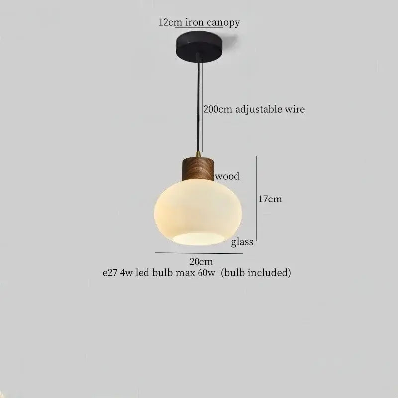 Rustic wood and ribbed glass led pendant light with matte black iron canopy and adjustable wire for dining room lighting