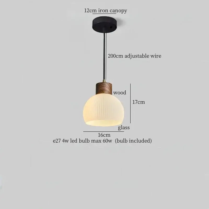 Rustic wood and ribbed glass led pendant light with black iron canopy and adjustable wire for dining room use