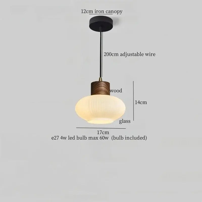 Rustic wood and ribbed glass led pendant light with frosted glass shade and dark wood accent for dining room use
