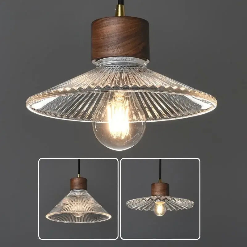 Rustic wood and ribbed glass led pendant light with warm tones and exposed filament bulb for dining room use