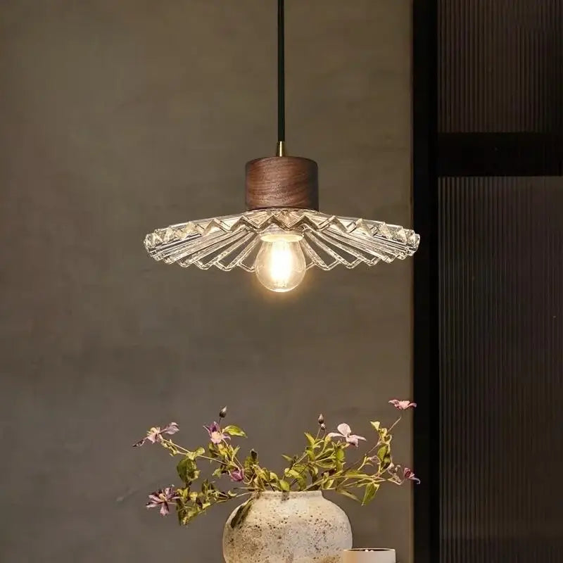 Rustic wood and ribbed glass led pendant light with faceted shade and dark wood accent for dining room lighting