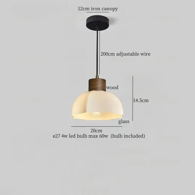 Rustic wood and ribbed glass led pendant light with warm-toned dome and black iron canopy for dining room use