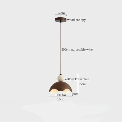 Rustic wood and travertine pendant lamp with yellow shade and decorbites columnar stone led for dining room decor