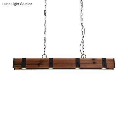 Rustic wooden bar pendant light with black finish metal accents and chain suspension for kitchen island lighting