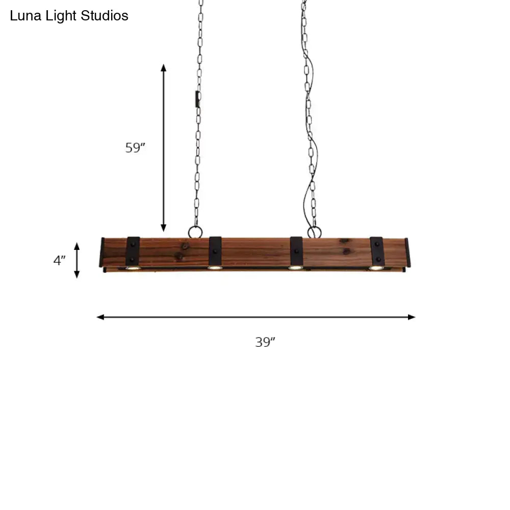 Rustic wooden bar light fixture with black finish metal accents and four embedded lights for kitchen island lighting