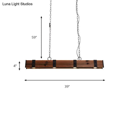 Rustic wooden bar light fixture with black finish metal accents and four embedded lights for kitchen island lighting