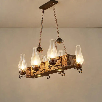 Rustic brown wood candelabra pendant light with wrought iron and clear glass oil lamp shades for dining room