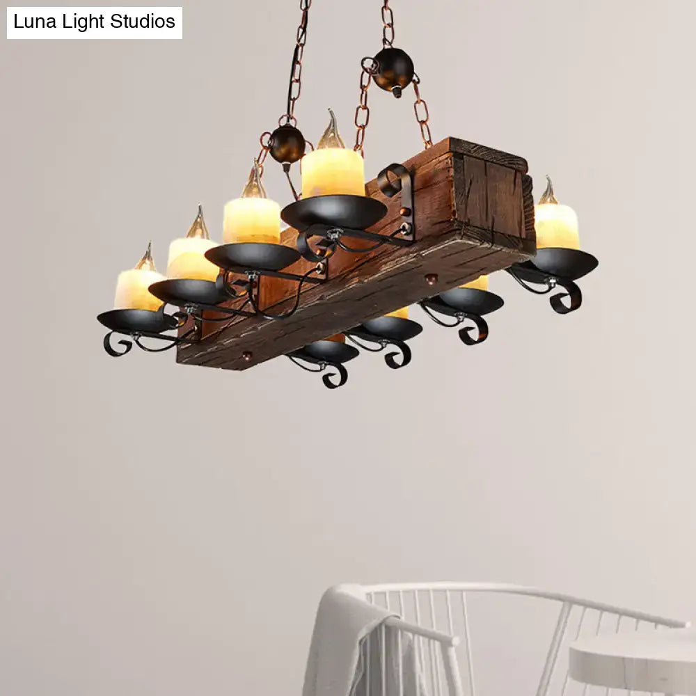 Rustic wooden beam pendant light with black wrought iron accents wood design brown 220v-240v candle style bulbs