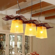 DecorBites rustic wood island lamp with three warm amber yellow crackle glass shades for dining room lighting in brown