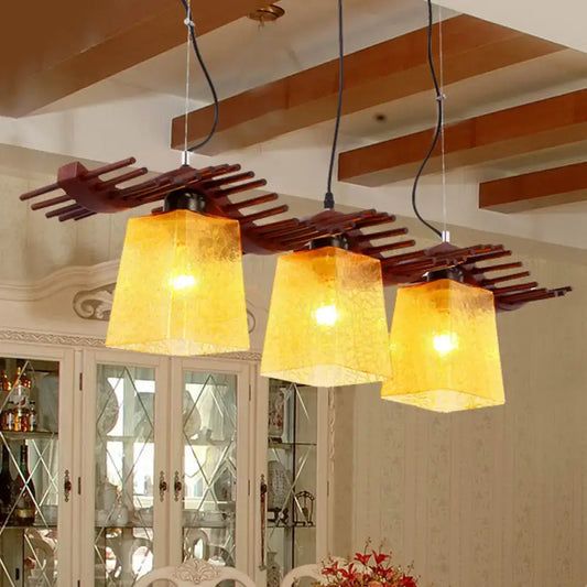 DecorBites rustic wood island lamp with three warm amber yellow crackle glass shades for dining room lighting in brown