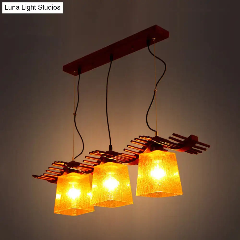 Decorbites™ rustic wood island lamp with three yellow crackle glass shades and slatted frame for dining room lighting