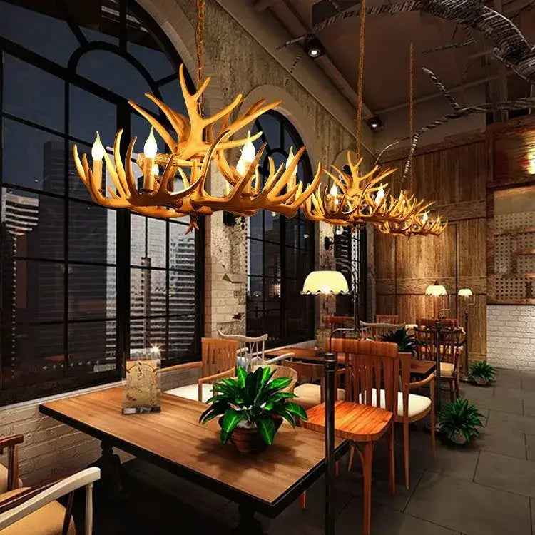 Rustic wood finish golden decorbites deer antler chandelier with multiple lit bulbs for dining room light decorbites deer