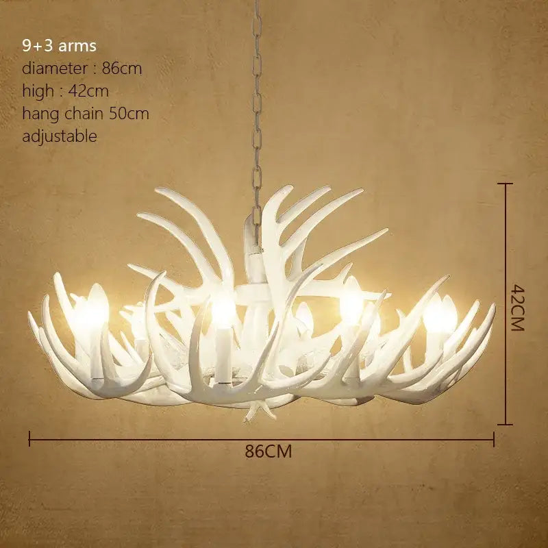 Rustic wood finish decorbites deer antler chandelier with nine arms and three decorative branches in white antler