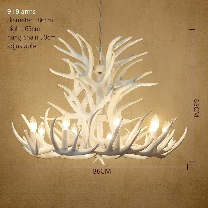 Rustic wood finish deer antler chandelier with 9 plus 9 white arms and warm lighting for dining room decorbites deer antler
