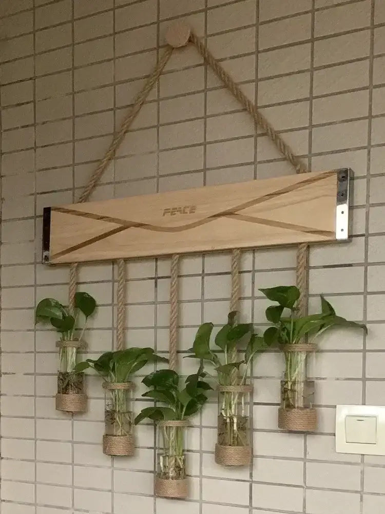 Rustic light-colored wooden stand with rope suspension and five glass planter vases holding green leafy plants