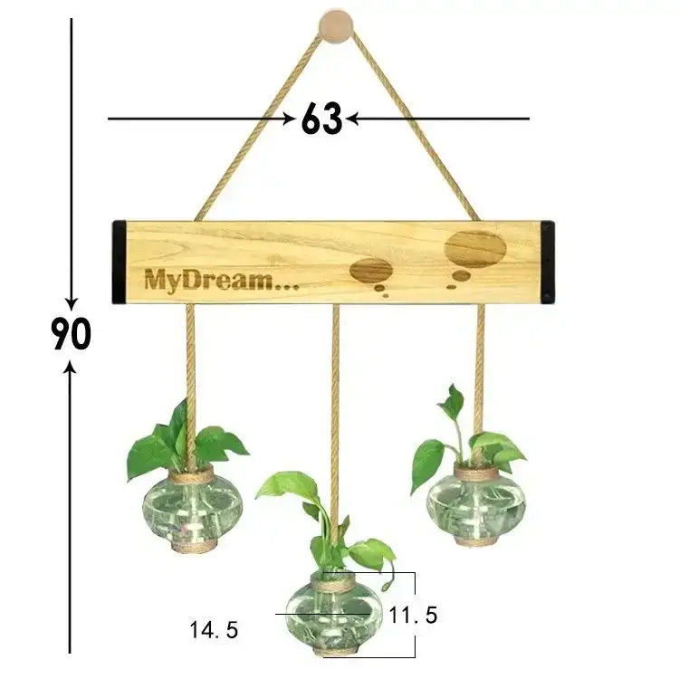 Rustic light-colored wooden stand with glass planter vase hanging decor featuring three clear terrariums and green plants