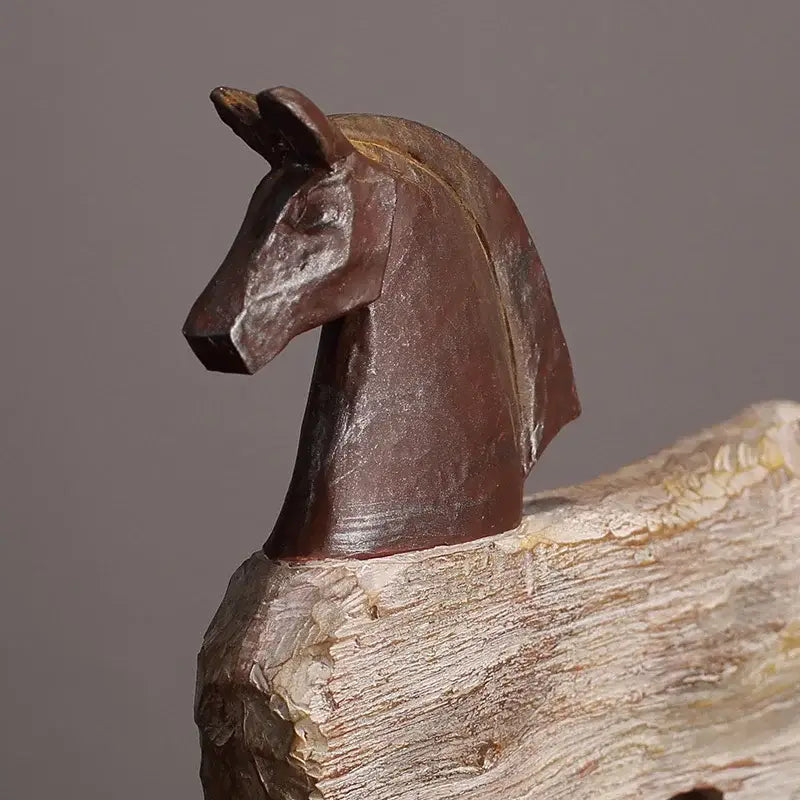 Dark brown wooden decorbites horse sculpture with carved mane and textured surface on driftwood base for living room decor