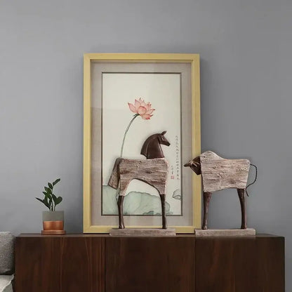 Two rustic wooden decorbites horse sculptures with dark brown heads and weathered bodies for living room decor